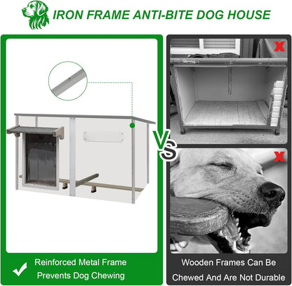 Dog House Outdoor Weatherproof & Wooden Dog Kennel with Chew-Proof Iron Frame，Removable Floor
