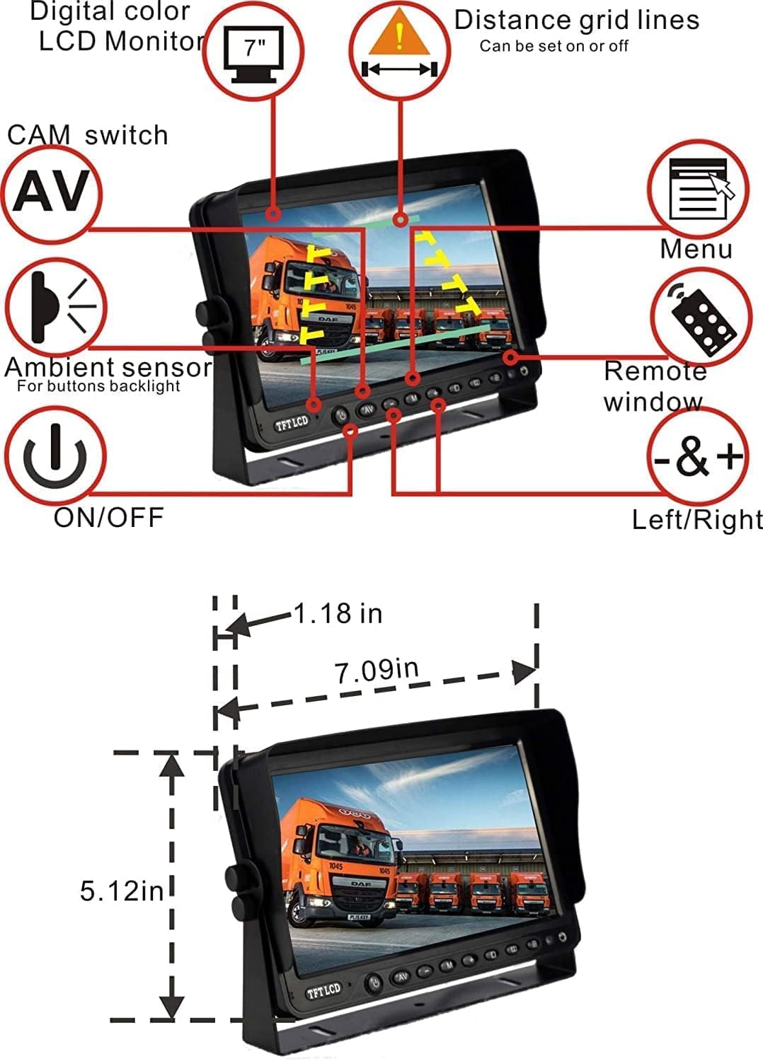 AHD 1080P 7" Reverse Rear View Backup Dual Camera System, Two Cameras with Night Vision Waterproof