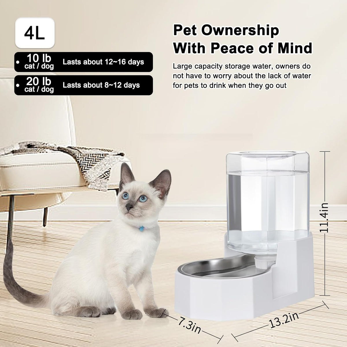 Sfozstra Gravity Water Bowl Dispenser : Automatic 4L White Cat Stainless Steel Feeder Without