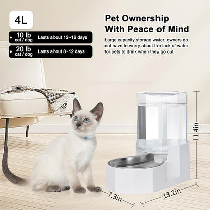 Sfozstra Gravity Water Bowl Dispenser : Automatic 4L White Cat Stainless Steel Feeder Without