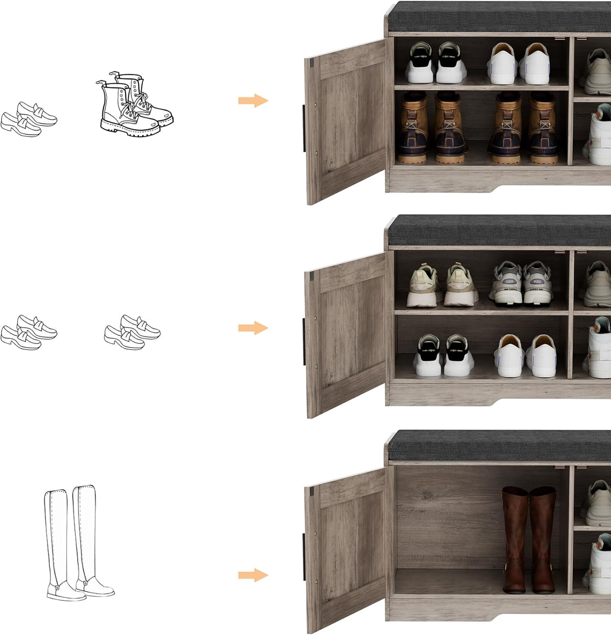 2-Tier Storage Bench, Shoe Bench with Thickened Padded Seat Cushion, Entryway Bench with 2 Doors