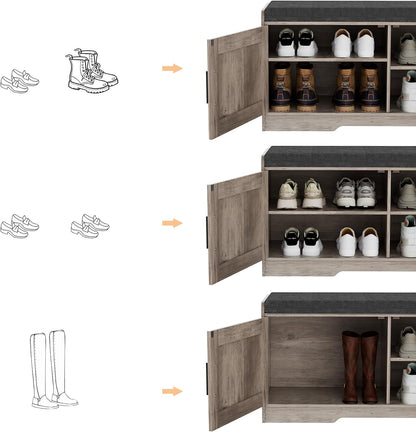 2-Tier Storage Bench, Shoe Bench with Thickened Padded Seat Cushion, Entryway Bench with 2 Doors