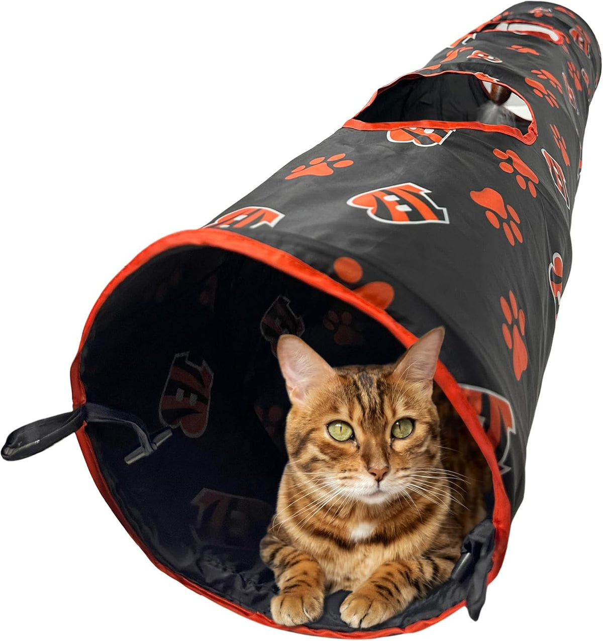 NFL Cincinnati Bengals Cat Tunnel Tube Toy with Plush Football Catnip and Feathers Collapsible