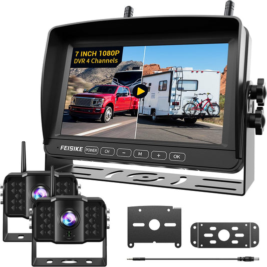 Dual RV Backup Camera Wireless with 7" 1080P Monitor, for Furrion Pre-Wired RVs, 4-Channel Split
