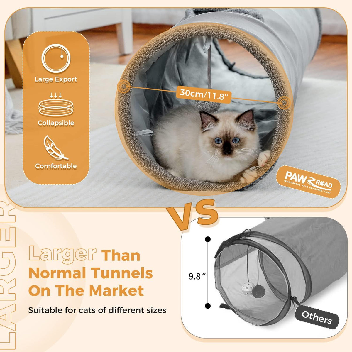 PAWZ Road Cat Tunnel 51 Inches Long Cat Toys Collapsible Tunnel 12 Inches in Diameter Large Cats