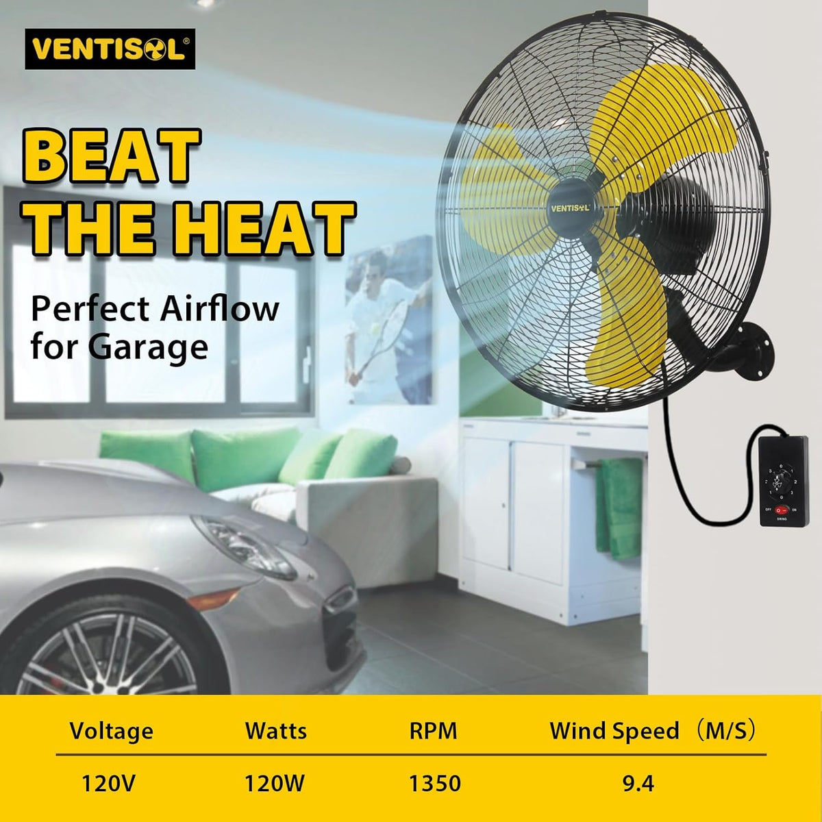 VENTISOL 20 Inch Wall Mount Fan Oscillating, High Velocity Industrial Wall Fan for Indoor