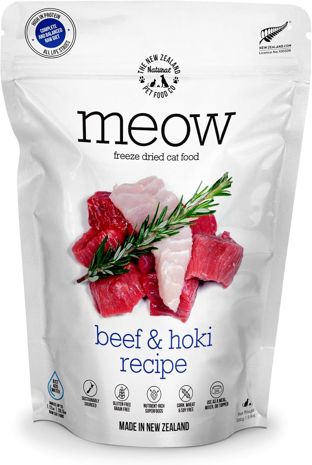 Meow Beef & Hoki Freeze Dried Raw Cat Food, Mixer, or Topper, or Treat - High Protein, Natural