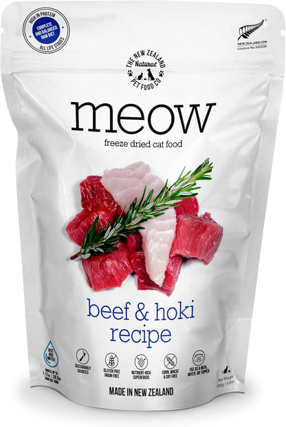 Meow Beef & Hoki Freeze Dried Raw Cat Food, Mixer, or Topper, or Treat - High Protein, Natural