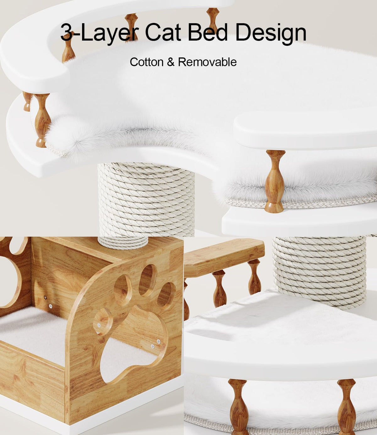 Modern Cat Tree, Solid Wooden Cats Tower, 37" Luxury Cats Trees Condo for Large Cat, Multi-Level