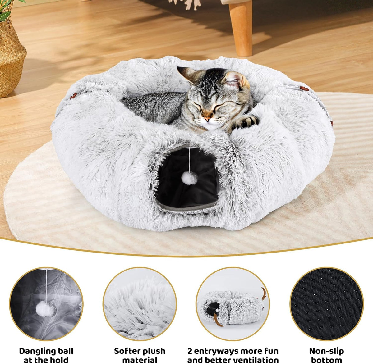 Odoland Cat Tunnel Bed with 20 Cat Toys - Indoor Plush Kitten Couch, Detachable Cats Cave Donut