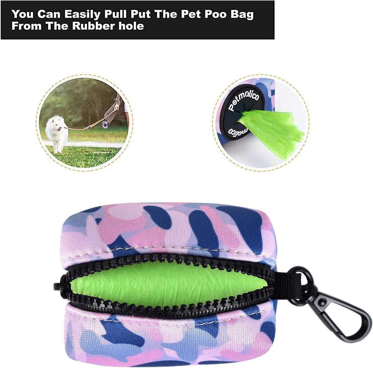Petmolico Dog Poop Bag Holder Leash Attachment, Waste Bag Dispenser Zippered Pouch, Fits Any Leash