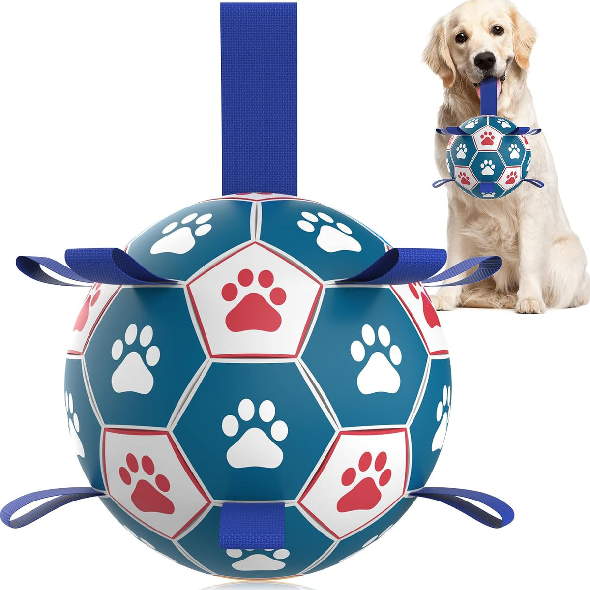 QDAN Dog Toys Soccer Ball with Straps, Herding Balls for Dogs, Interactive Toy for Tug of War