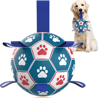 QDAN Dog Toys Soccer Ball with Straps, Herding Balls for Dogs, Interactive Toy for Tug of War