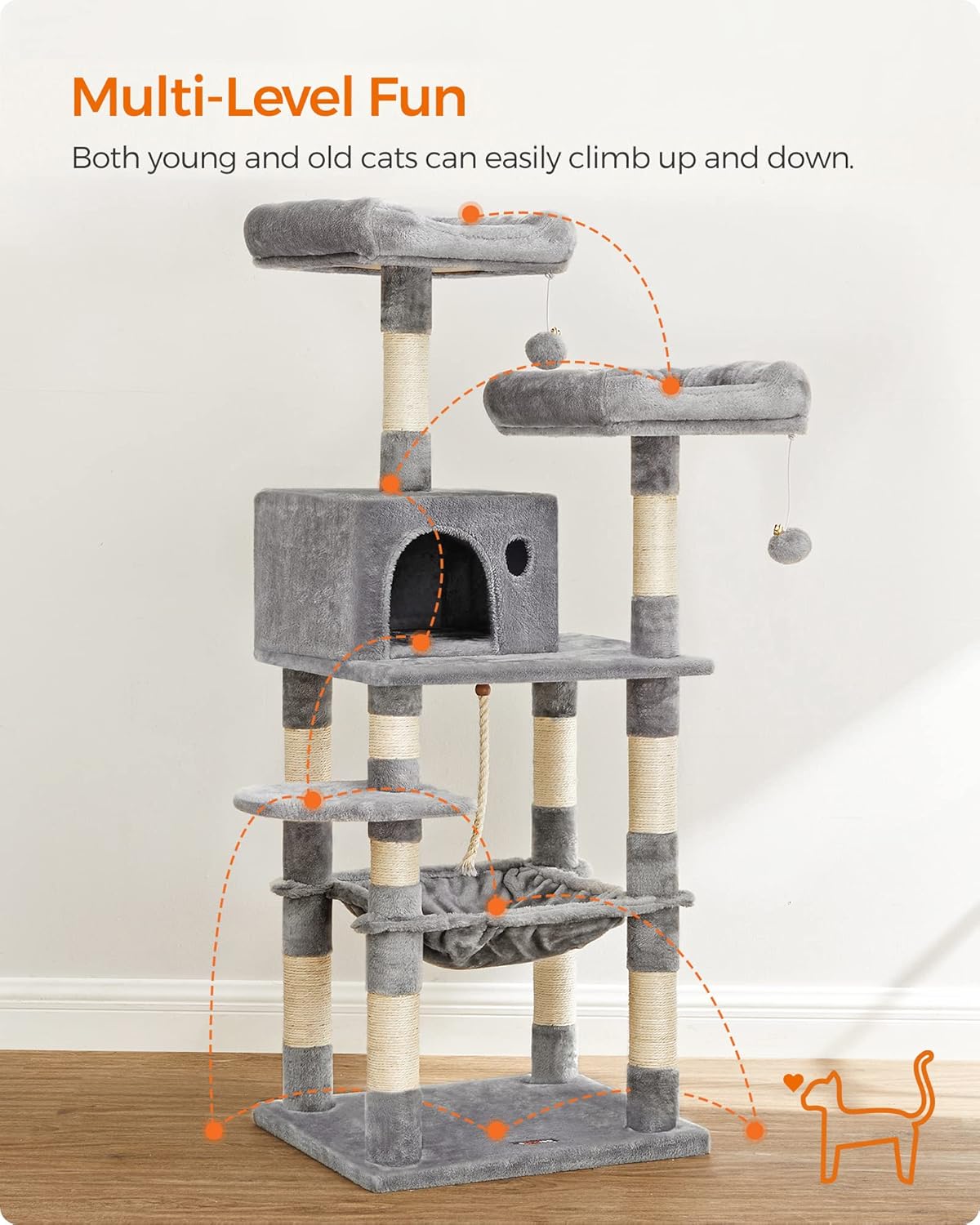 FEANDREA Cat Tree, Cat Tower for Indoor Cats, 56.3-Inch Cat Condo with Scratching Posts, Hammock