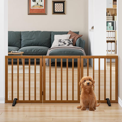 Freestanding Pet Gate Foldable Dog Gate (55 inches Wide) Walnut Bamboo Dog Gates for Stairs
