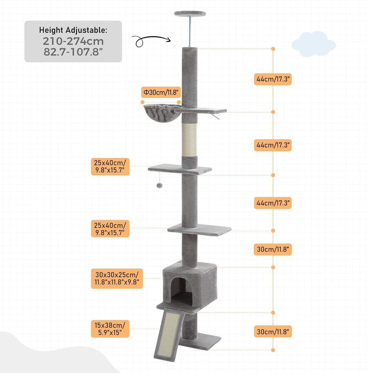 PEQULTI Floor to Ceiling Cat Tree, Tall Cat Tower, Adjustable Height (83''-108'') 5 Levels Climbing