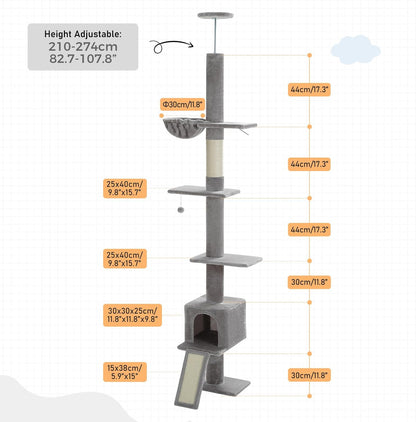 PEQULTI Floor to Ceiling Cat Tree, Tall Cat Tower, Adjustable Height (83''-108'') 5 Levels Climbing