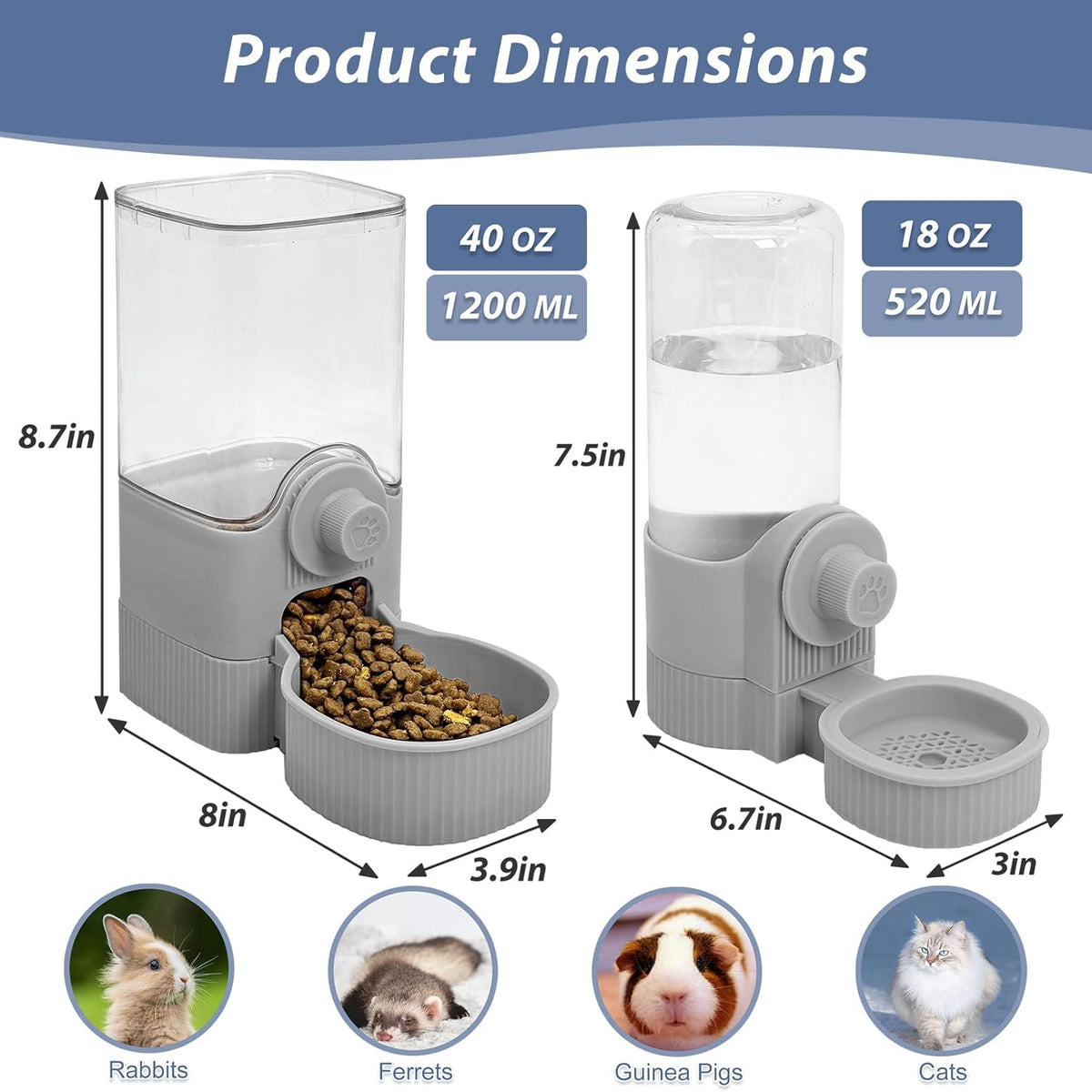 Fhiny Rabbit Food & Water Dispenser, Large Capacity Gravity Guinea Pig Feeder and Waterer Set