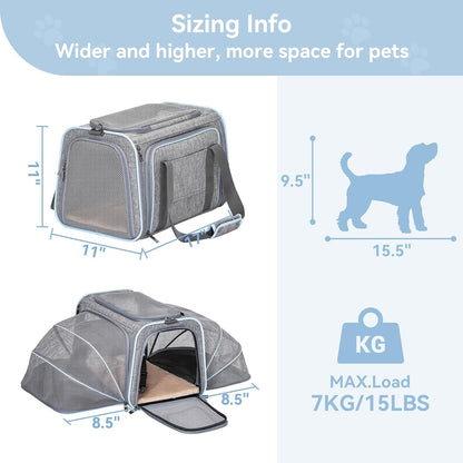 Petsfit Expandable Large Cat Carrier Small Dog Carriers Airline Approved, 17" Lx 11" Wx 11" H