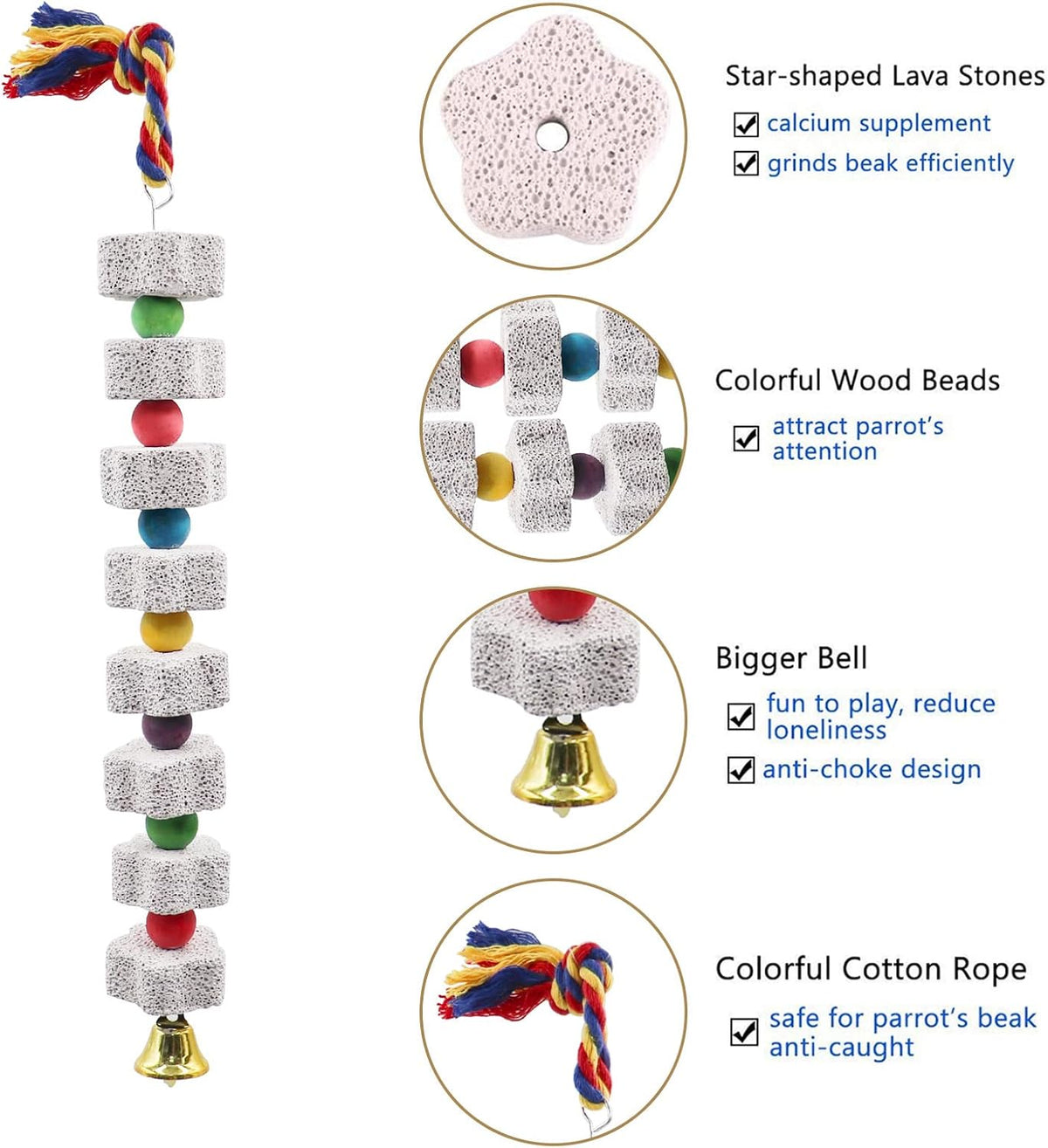 2 Pack Large Bird Chewing Toy, Parrot Beak Grinding Calcium Stone with Bells, Bird Cage