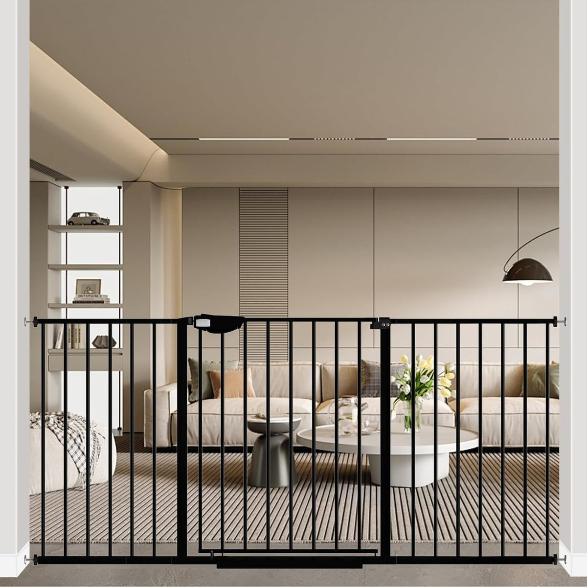 WAOWAO Triple Lock 49.21-66.54" Baby Gate Extra Wide Pressure Mounted Walk Through Swing Auto Close