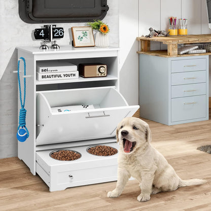 Tangkula Pet Feeder Station, Dog Food Storage Container with Double Pull Out Dog Bowls, Pet Food