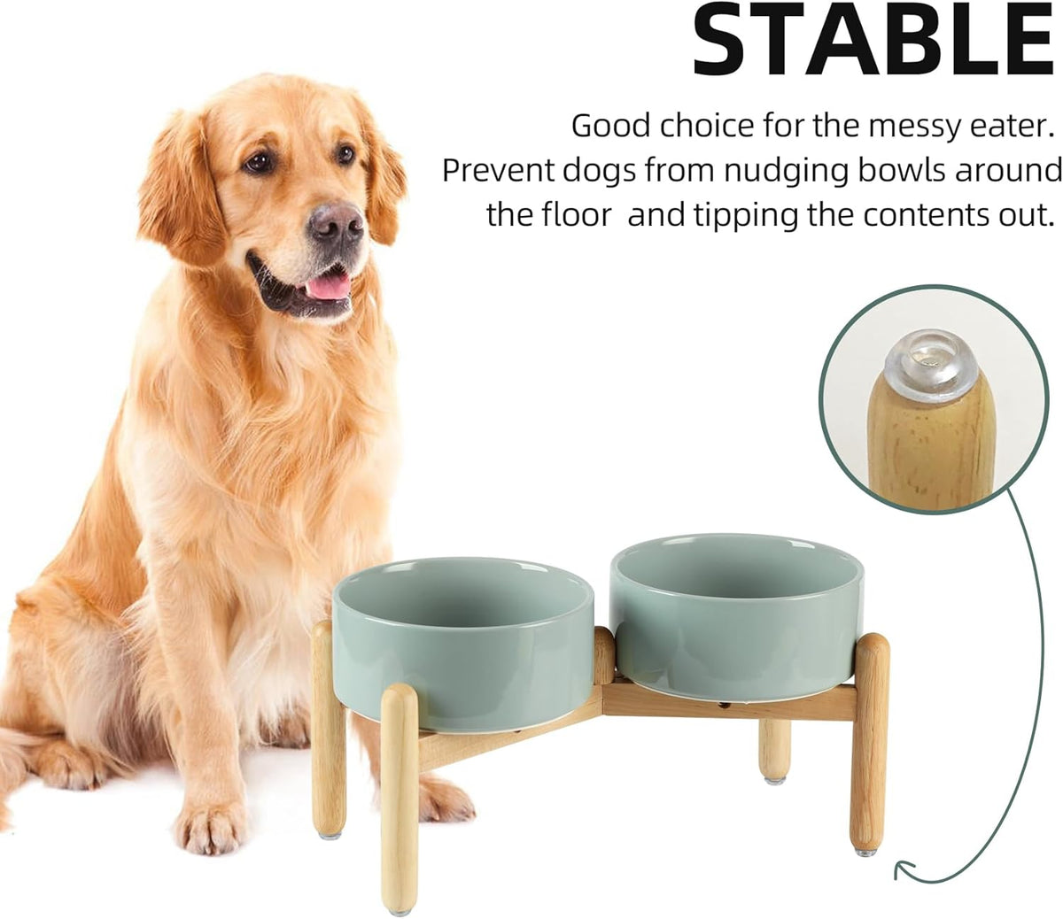 Ceramic 7.3inch Raised Double Bowls Set with Wooden Stand, Food & Water Bowls for Medium Breed