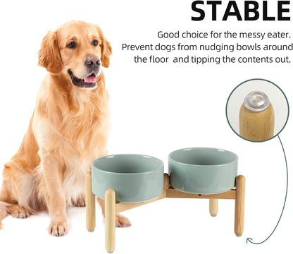 Ceramic 7.3inch Raised Double Bowls Set with Wooden Stand, Food & Water Bowls for Medium Breed