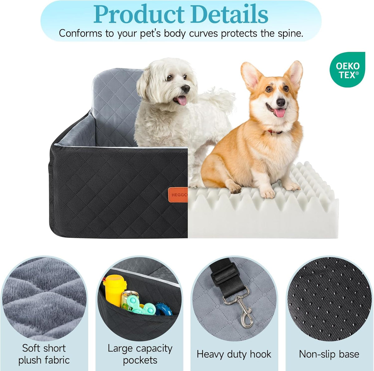 Dog Car Seat for Medium/Large Dogs, Pet Booster Seat for Under 55 lbs or 2 Small Dogs, Detachable &
