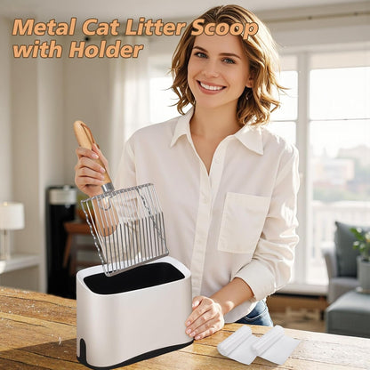 Metal Cat Litter Scoop with Holder, Poop Scooper with Stand&2 Rolls of Garbage Bag, Heavy Duty