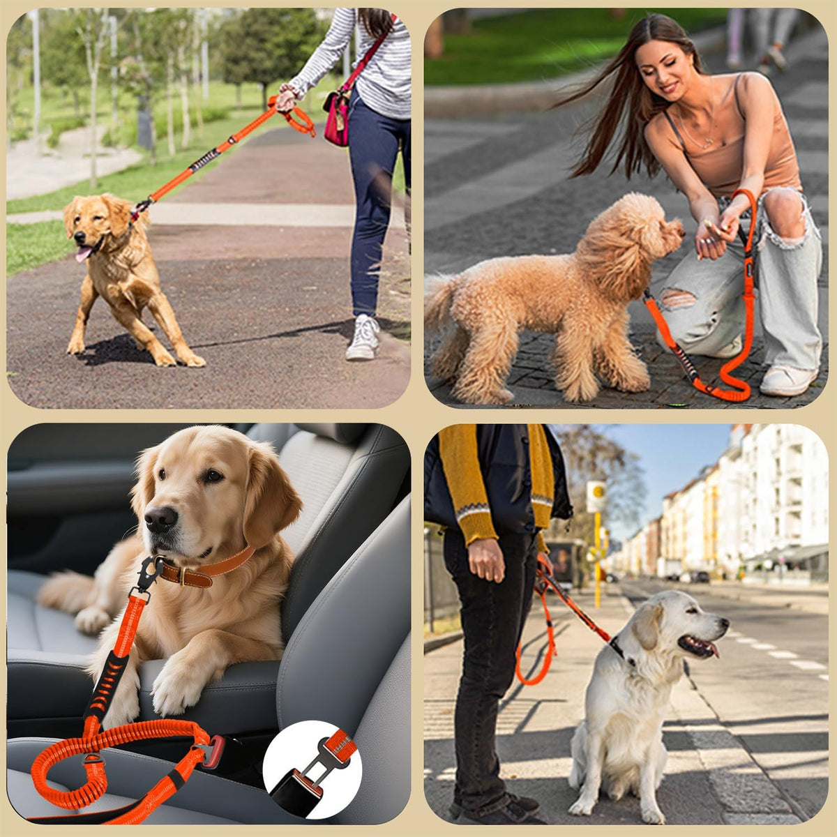Heavy Duty Tactical Dog Leash, 4-6FT Shock Absorbing Bungee Leash with 2 Padded Handles, Metal