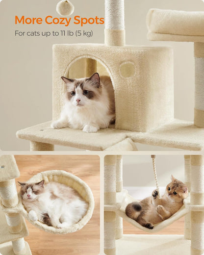 Feandrea Cat Tree, 66.1-Inch Large Cat Tower with 13 Scratching Posts, 2 Perches, 2 Caves, Basket