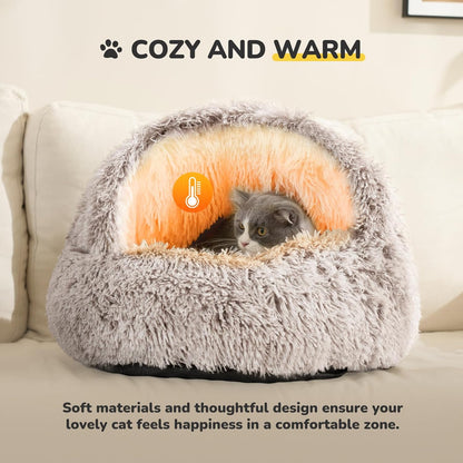 CATISM Plush Hooded Cat Bed, Calming Nest, Self-Warming Cave, Cozy Pod for Indoor Cats or Small