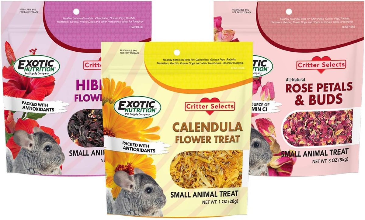 Exotic Nutrition Flower Treat 3 Pack - Healthy Assortment - Hibiscus, Calendula, Rose - for