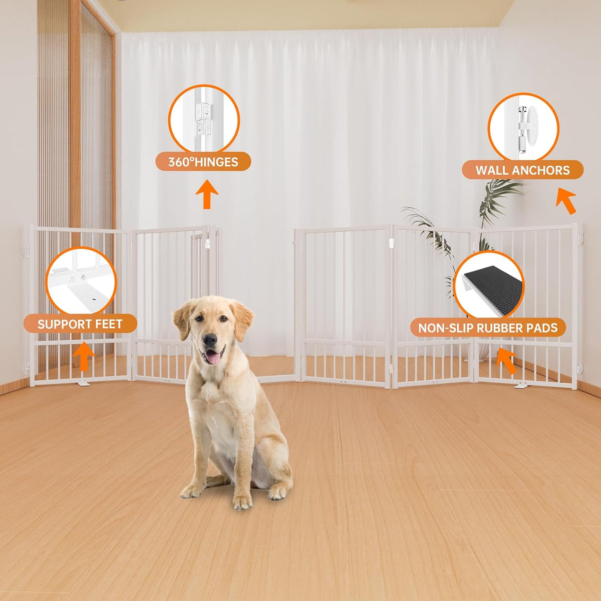 Full Metal Freestanding Dog Gate with Door, 32''Height Foldable Pet Dog Fence for Indoor & Outdoor