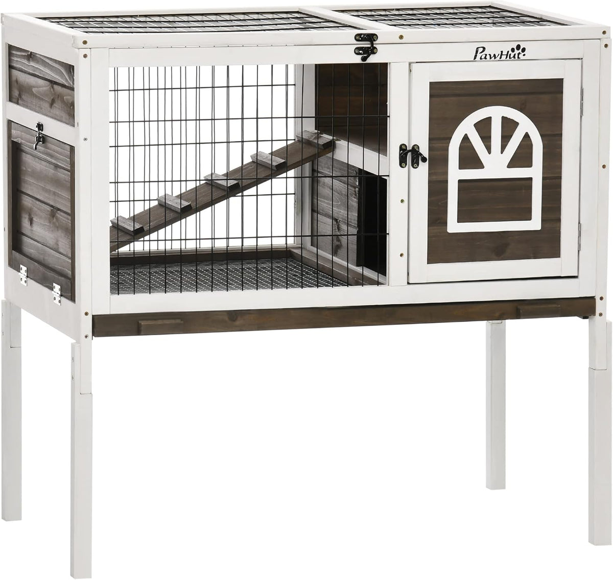 PawHut Wooden Rabbit Hutch, Indoor Elevated Guinea Pig Cage with Run, Ladder, Lockable Doors and