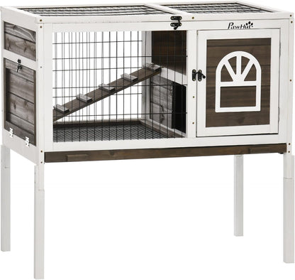 PawHut Wooden Rabbit Hutch, Indoor Elevated Guinea Pig Cage with Run, Ladder, Lockable Doors and