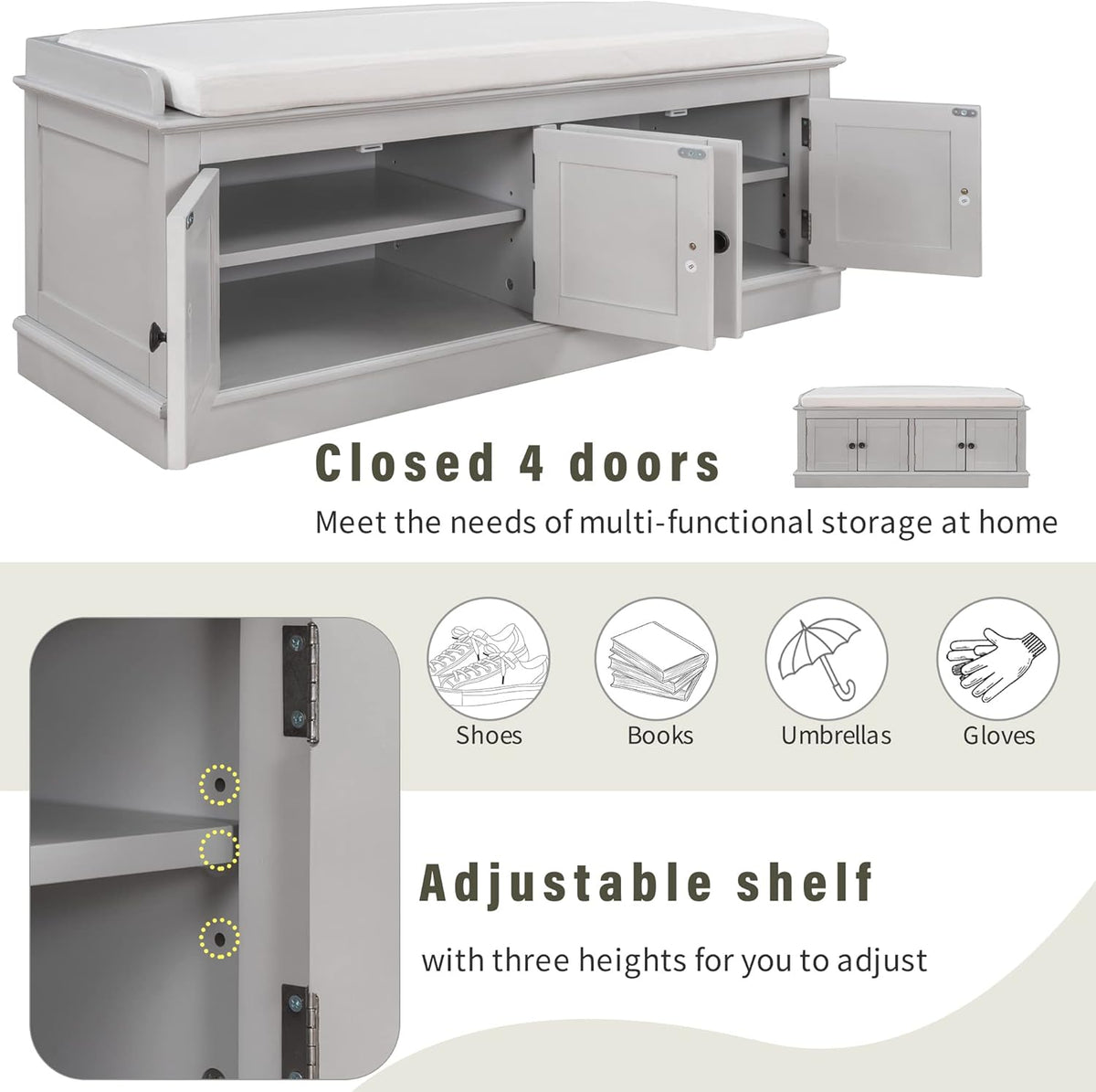 Storage Bench with 4 Doors and Adjustable Shelves, Shoe Bench with Removable Cushion for Living