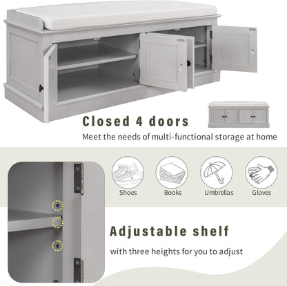 Storage Bench with 4 Doors and Adjustable Shelves, Shoe Bench with Removable Cushion for Living