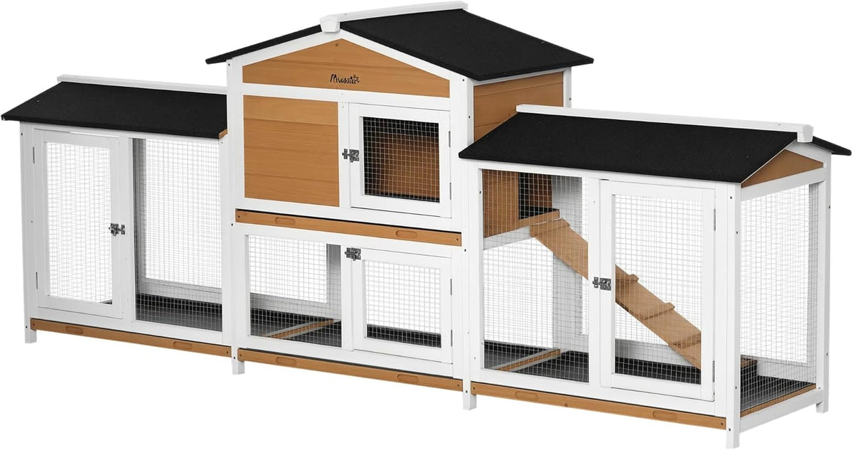 PawHut 90.5" Wooden Rabbit Hutch Bunny Cage Pet Playpen House Enclosure with Double Side Run Boxes