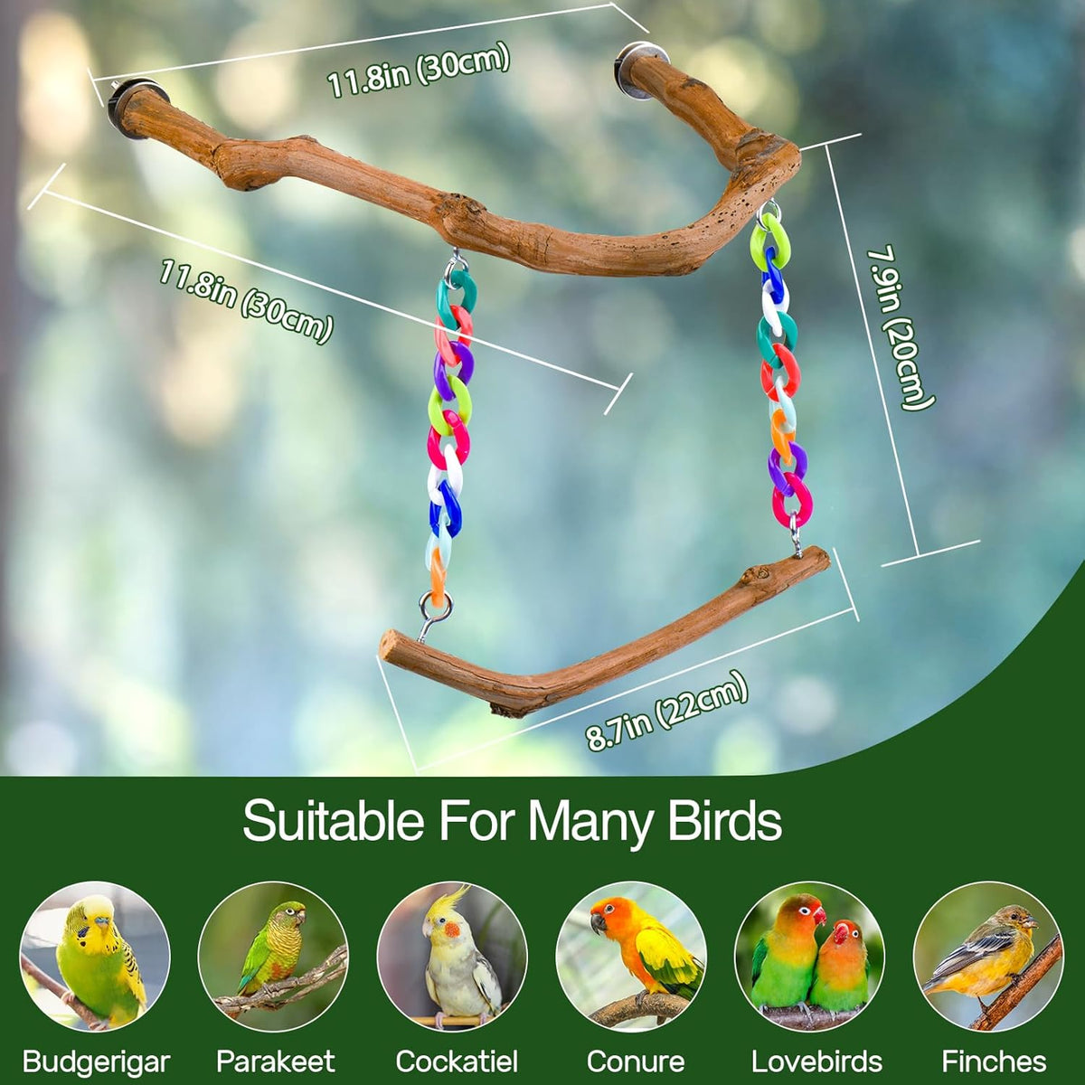 Bird Swing Toys, Standing Bird Perch with Natural Grape Wood, U Shape Hangable Birdcage
