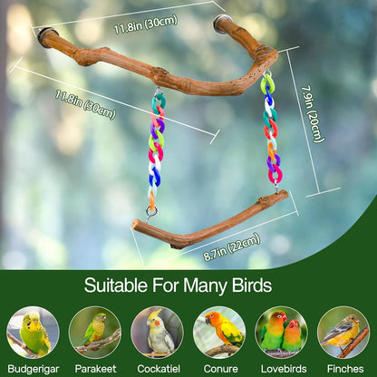 Bird Swing Toys, Standing Bird Perch with Natural Grape Wood, U Shape Hangable Birdcage
