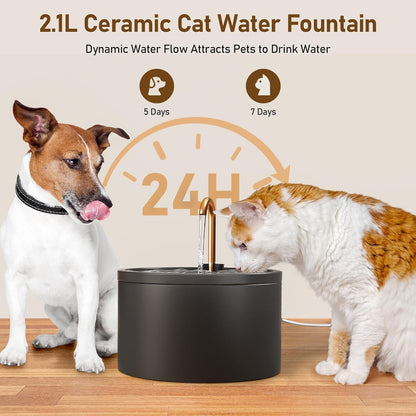 DOOOB Ceramic Cat Water Fountain, 2.1L/71oz Ceramic Cat Fountain, Automatic Ceramic Water Fountain