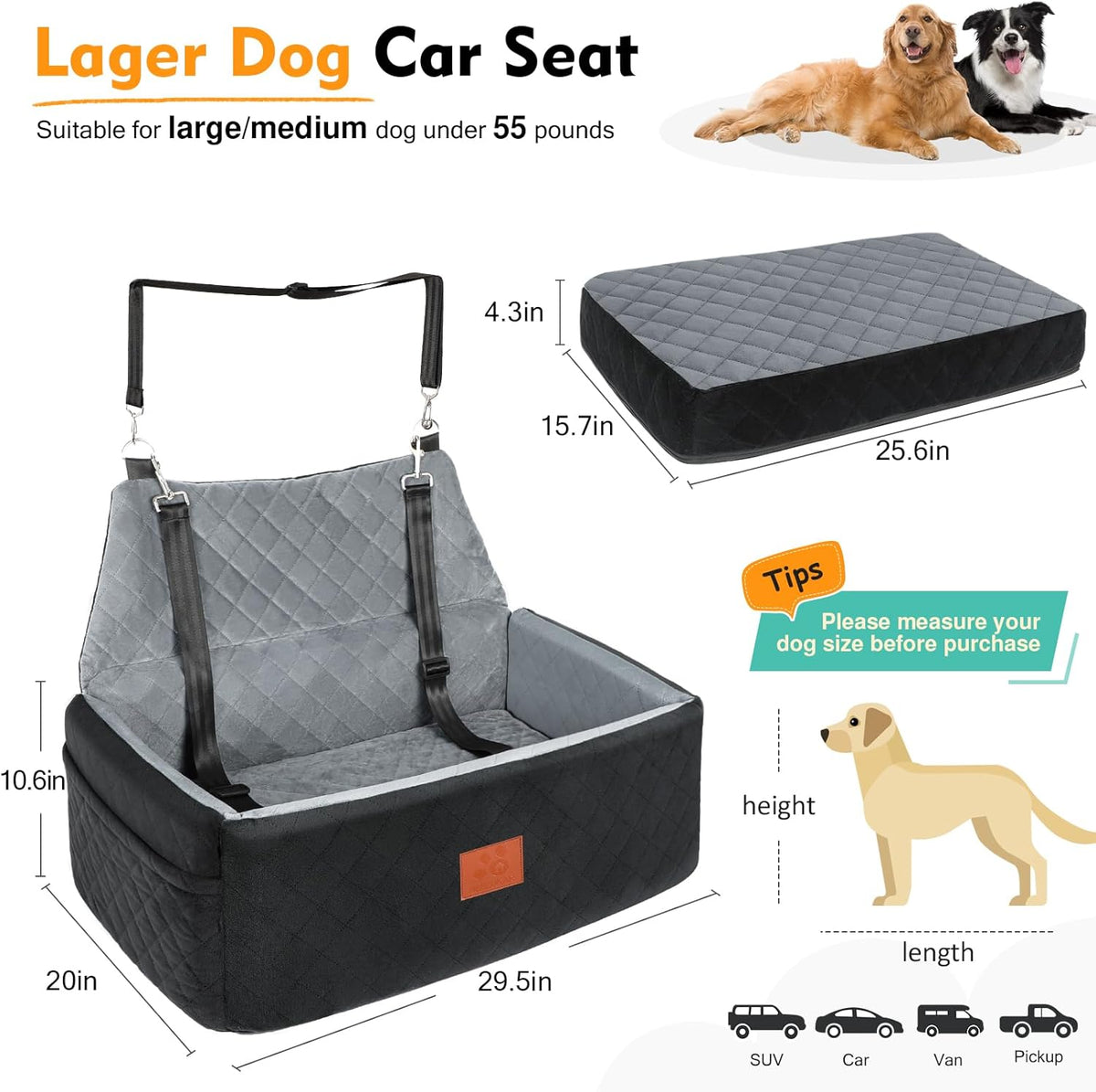 Dog Car Seat for Large Medium Dogs,Washable Pet Carseat Under 55 lbs or 2 Small Dogs,Dog Booster