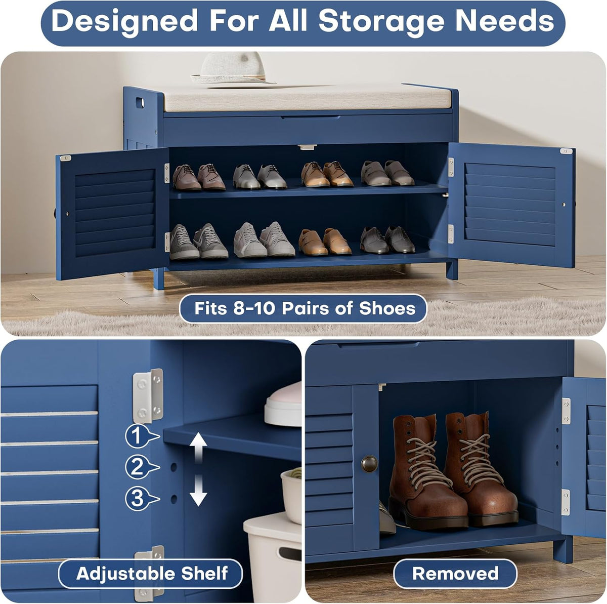 Shoe Storage Bench with Lift Top Storage, Entryway Bench with Cushioned Seat, Adjustable Shelf, 2