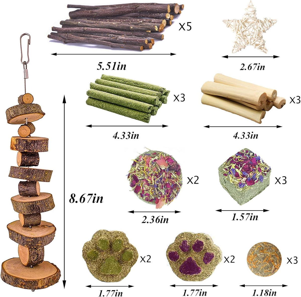 Grddaef Rabbit Toys, Guinea Pig Toys 25 Pcs Natural Timothy Hay Bunny Chews and Treats for Hamster