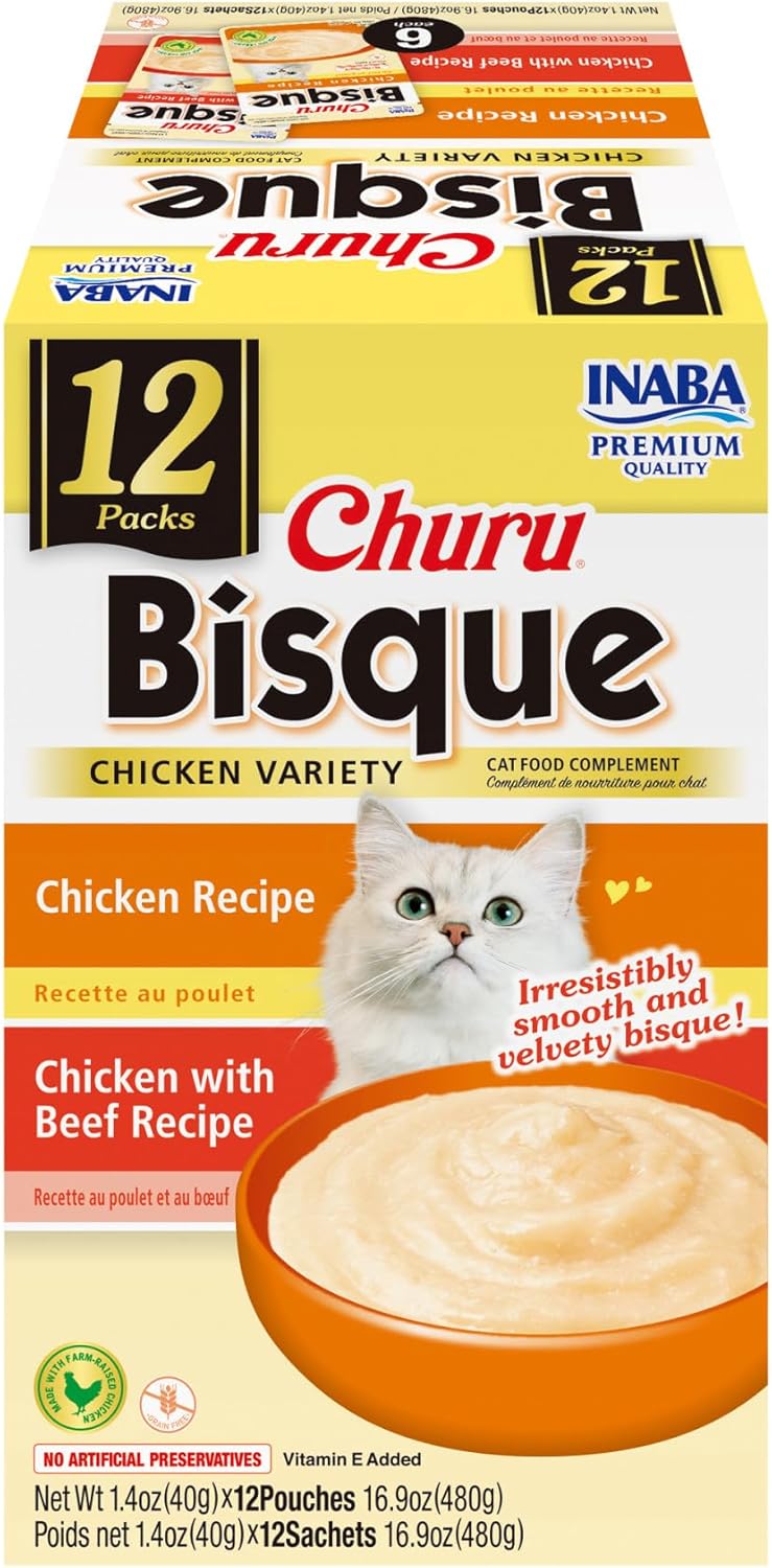 INABA Churu Bisque for Cats, Creamy Lickable Purée Side Dish with Vitamin E, 1.4 Ounces per Pouch