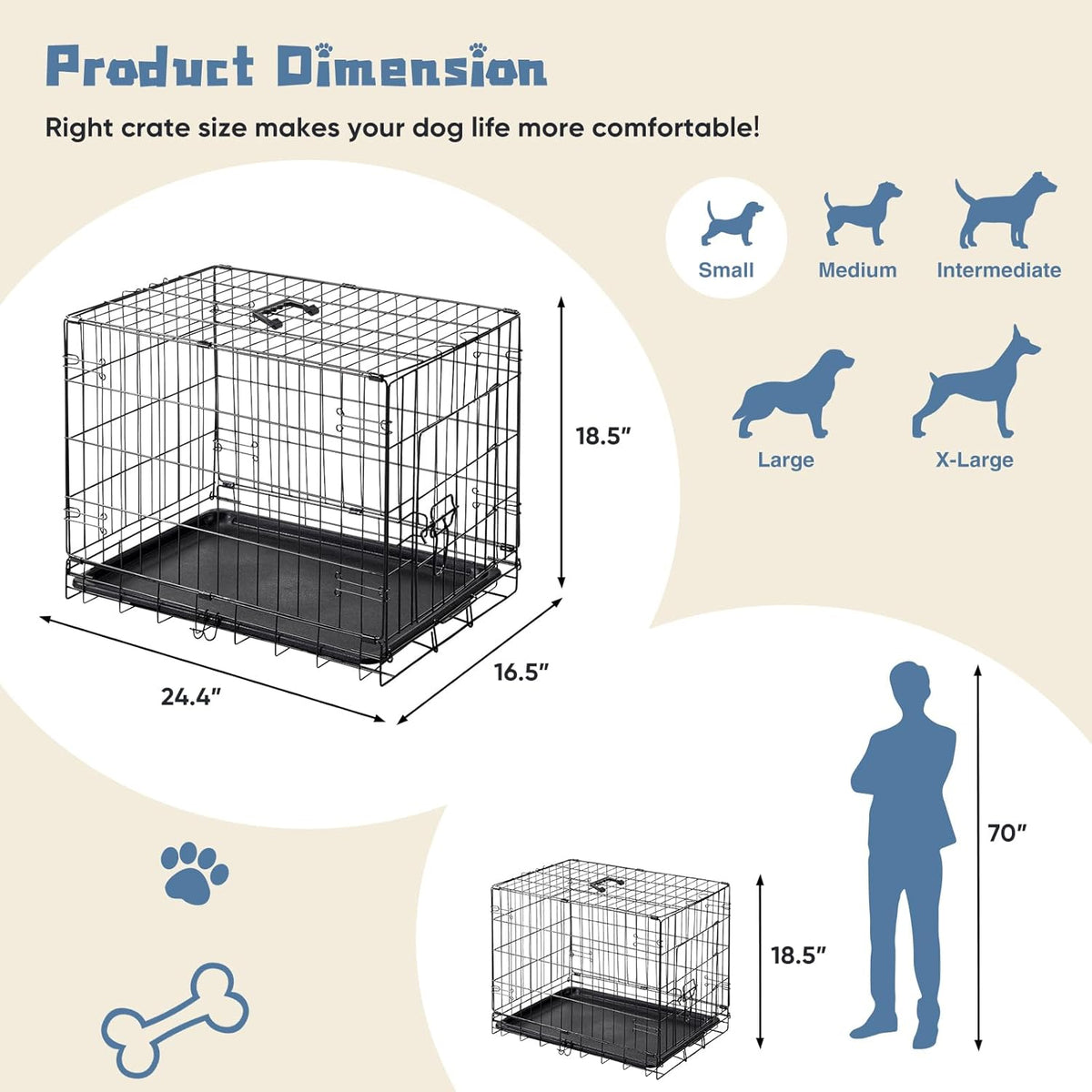 DUMOS Dog Crate, 24 Inch Medium Single Door Dog Cage with Divider Panel and Plastic Leak-Proof Pan