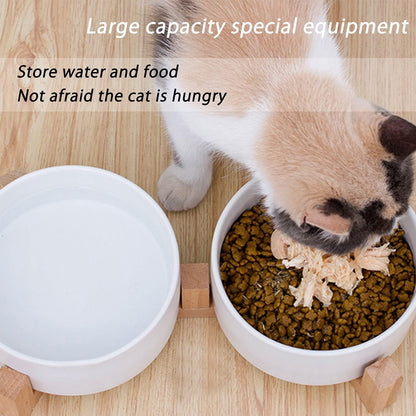 Petygooing Dog Bowls,White Ceramic Cat Dog Bowl Set with Wood Stand for Food and Water Feeder