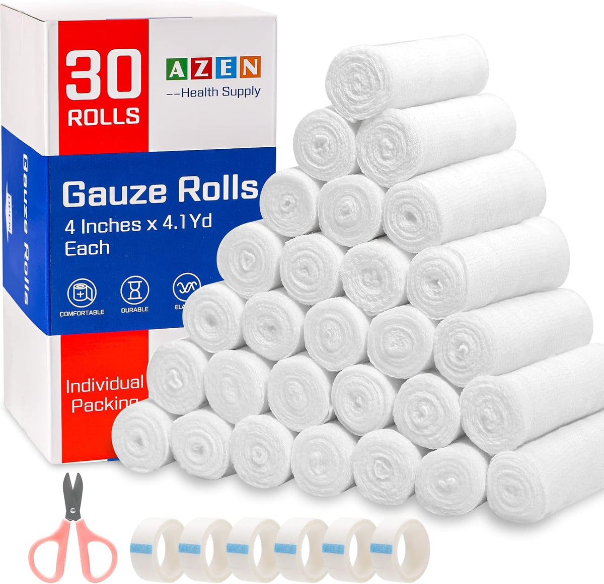 AZEN 30 Pack Gauze Rolls Bandages, 4 in x 4.1 Yards, Premium Medical Supplies & First Aid Supplies